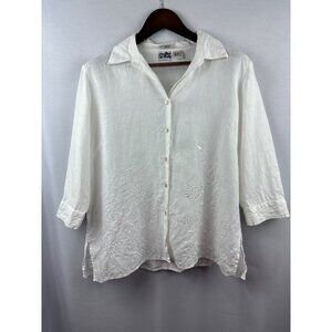 Women’s Edward XL Irish Linen Shell Button Up White Floral Embroidery 3 Quarter